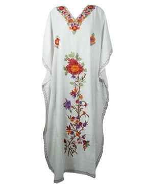 Mogul Women White Embellished Maxi Kaftan Long Summer Dress Floral Kimono Sleeves Resort Wear Lounger Cover Up Caftan 4XL