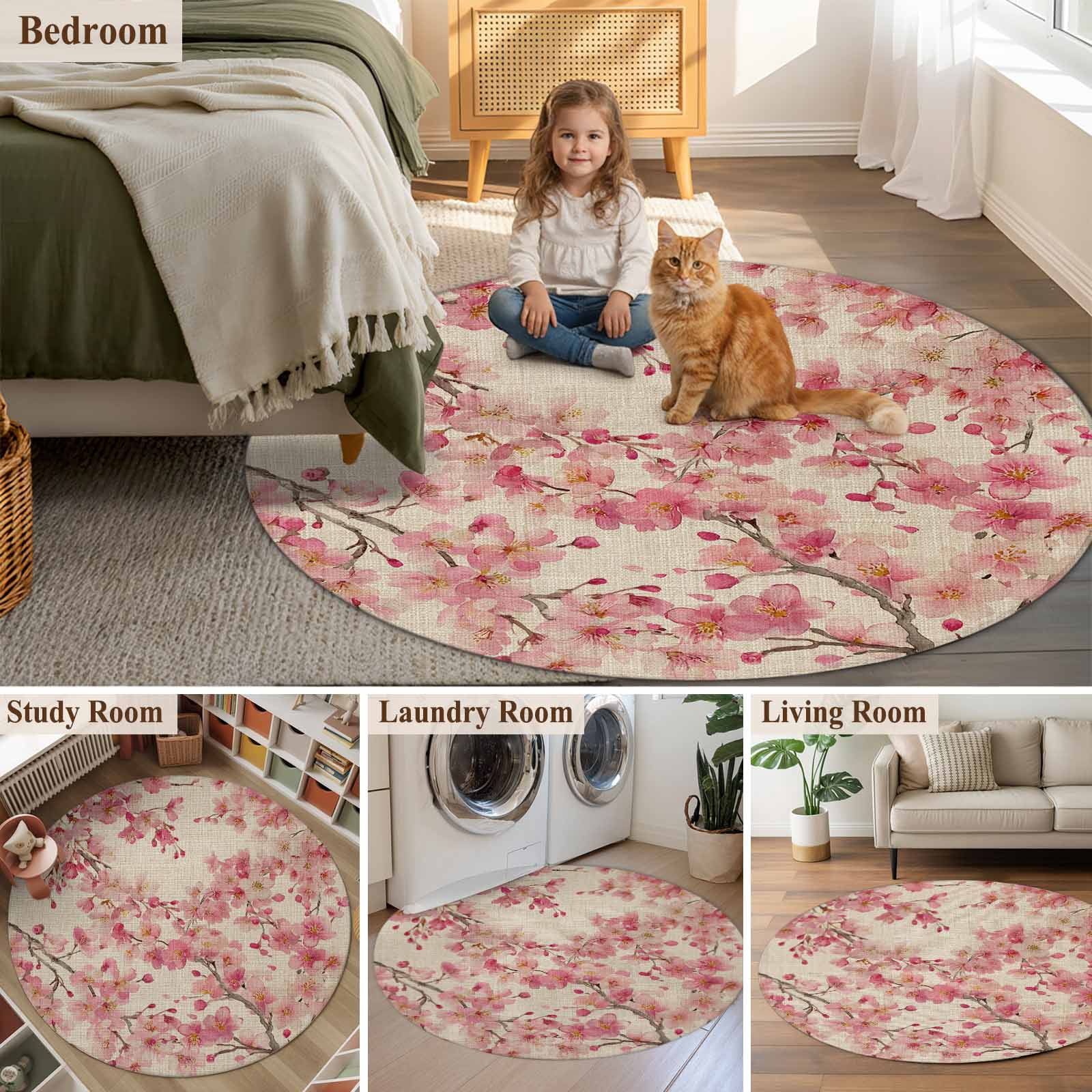 Peaches Branches Round Area Rug 5Ft Washable Circle Rugs for Living Room Bedroom, Farmhouse Spring Botanical Pink Flowers Non-Slip Carpet Floor Mats Indoor Outdoor Carpet Runner Aesthetic Home Decor