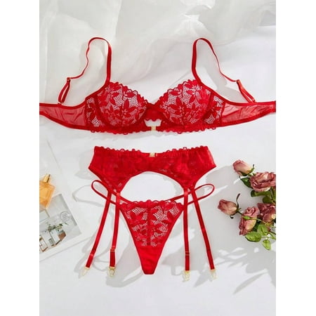 Red Lace Lingerie Garter Set Sheer