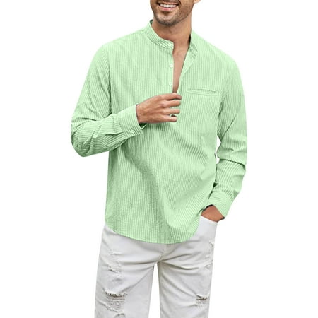 EOYWHK Flannel Shirts for Men s Fashion Casual Stripe Printing Top Long Sleeve Button Round Neck Blouse　Autumn Looks