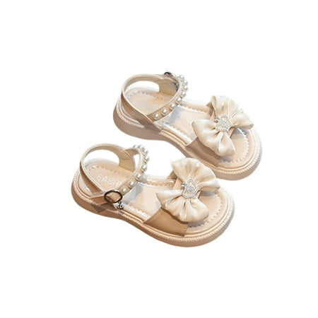 

Daeful Girls Flat Sandals Summer Princess Shoes Beach Dress Sandal Party Lightweight Pearls Ankle Strap Beige 2Y