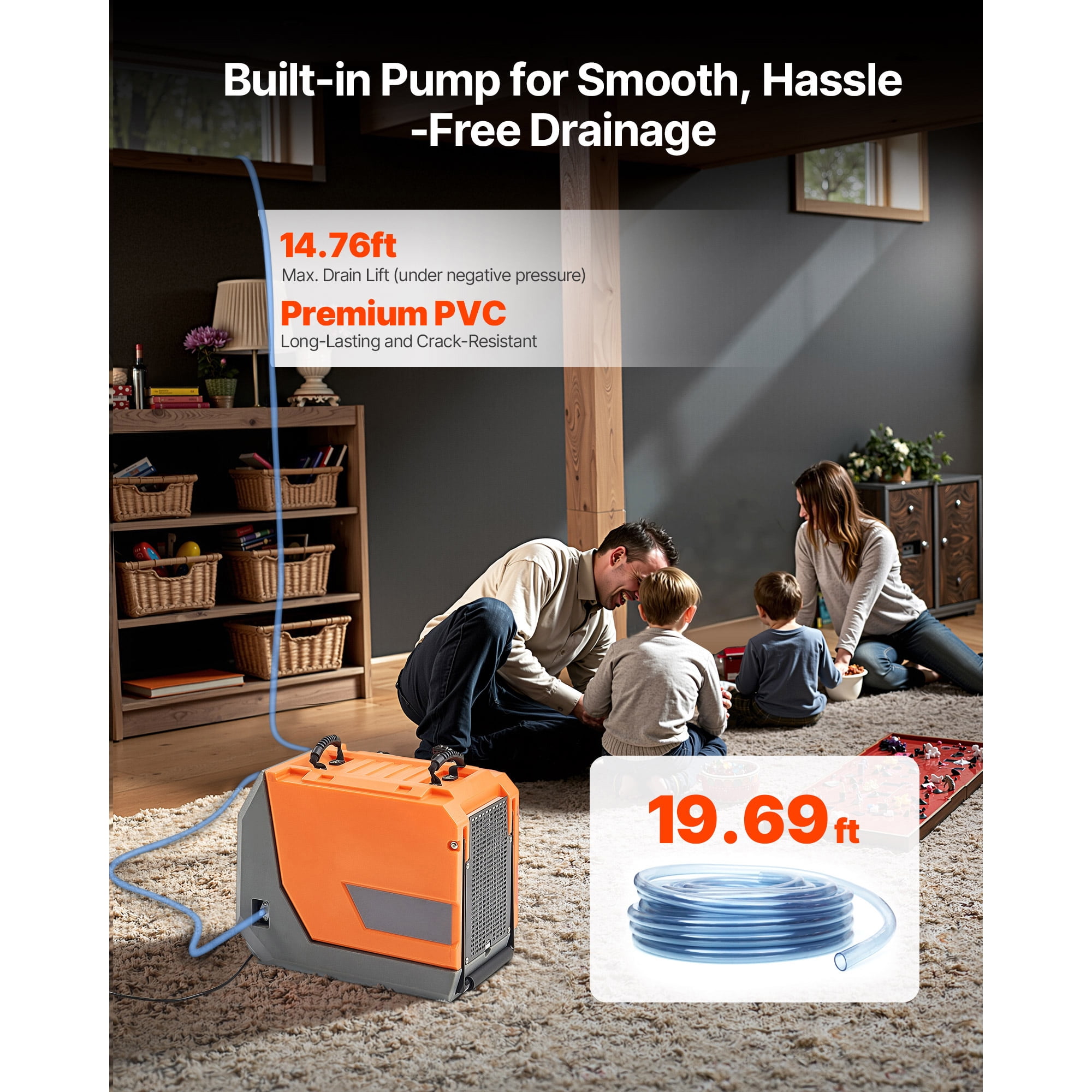KFFKFF 180 Pints Industrial Dehumidifier with Pump and Drain Hoses, Portable Dehumidifier for Basements, Storage Areas, and Crawl Spaces, Auto Defrost, Durable LLDPE Construction, Foldable Handle