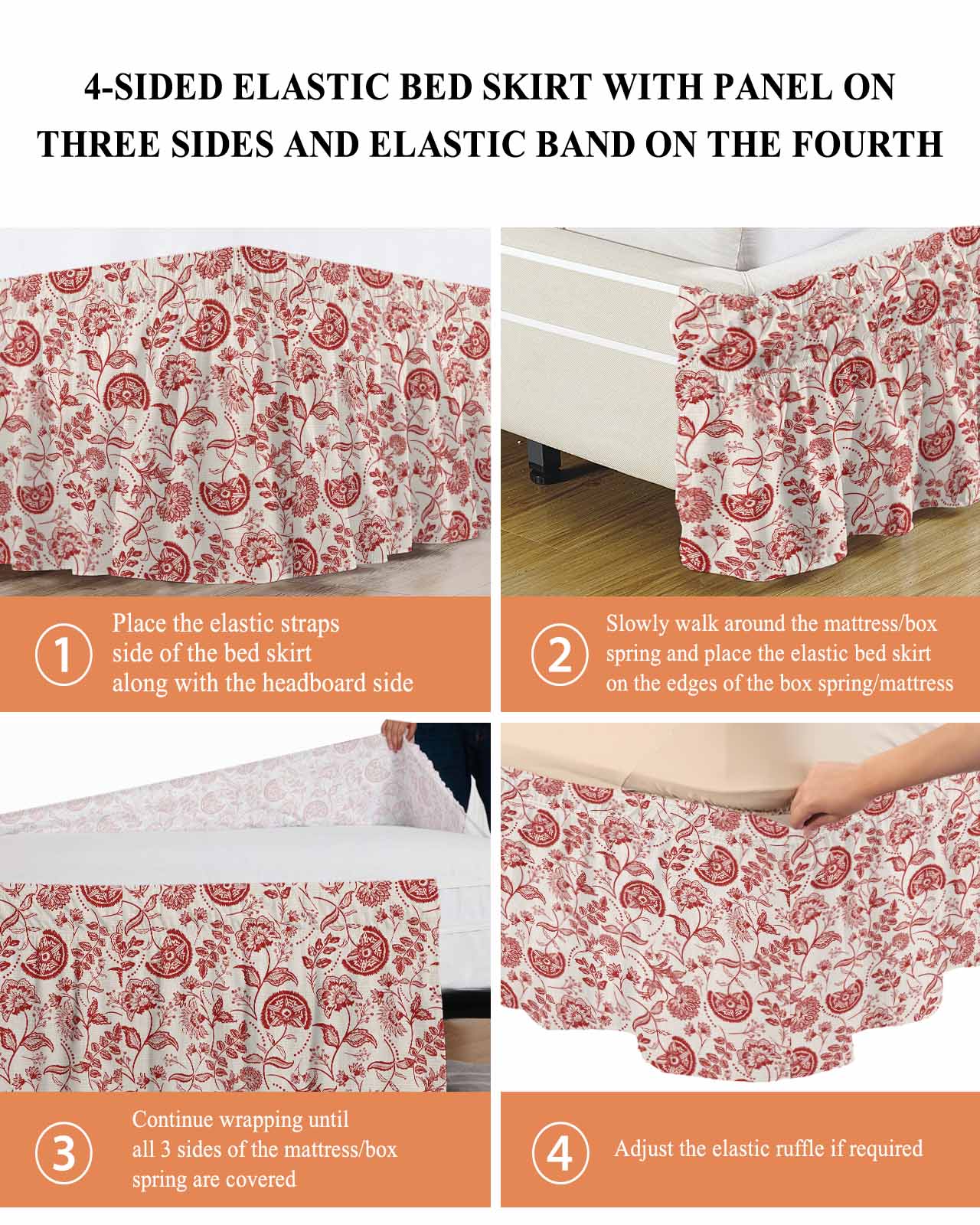 Farmhouse Red Floral Bed Skirt King Size 16 Inch Drop, Linen Boho Flower Rustic Country Adjustable Elastic Dust Ruffles Bedskirt for King Bed Wrap Around Pleated Mattress Frame Cover