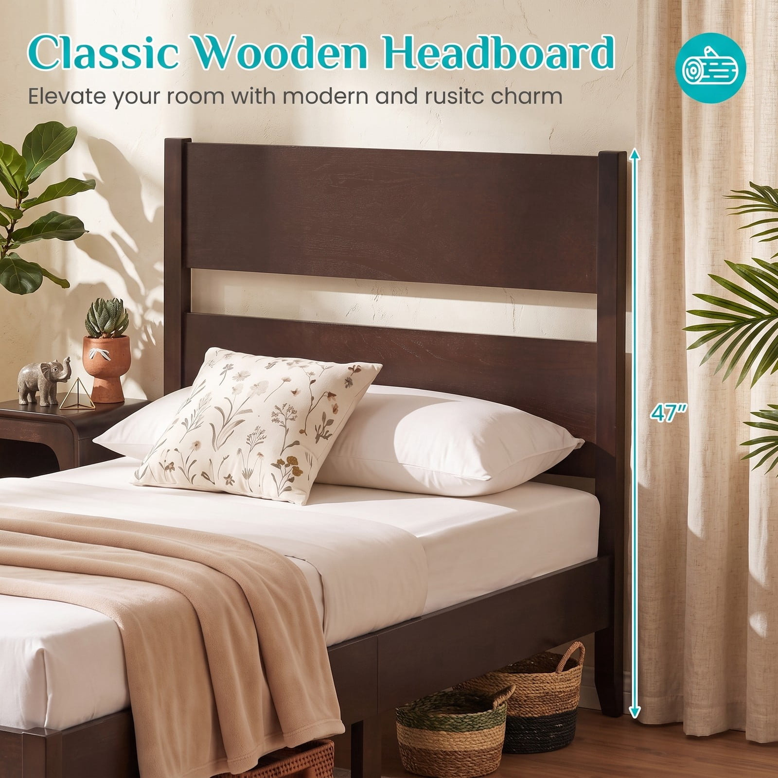 Furnibear Twin Bed Frame Wooden Bed Frame with Plank Headboard and 12 Slat Support for Bedroom and Guest Room, Dark Walnut