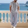 thumbnail image 2 of FRSASU Men's 2 Piece Linen Outfits Short Sleeve Henley Hooded Shirt and Beach Pants Set Casual Summer Matching Set Gray, 2 of 9