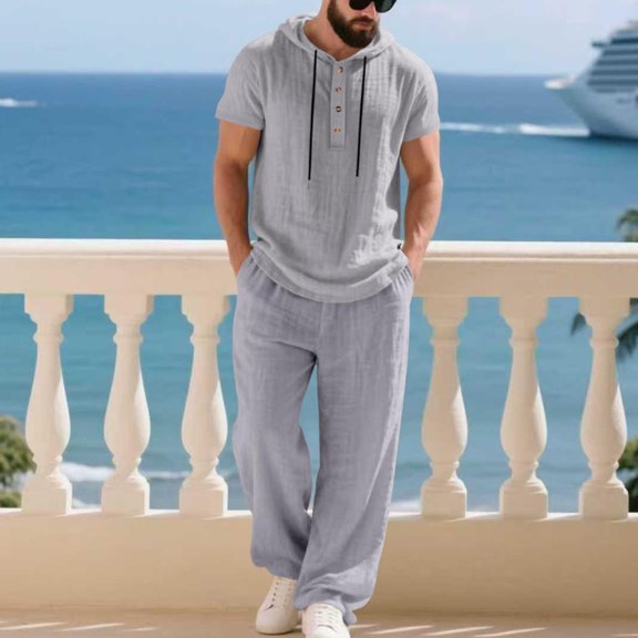 Gamivast Men's 2 Piece Linen Look Set Hooded Short Sleeve Henley Shirt and Loose Pants Breathable Beach Outfit for Summer Vacation Yoga Casual Daily Wear