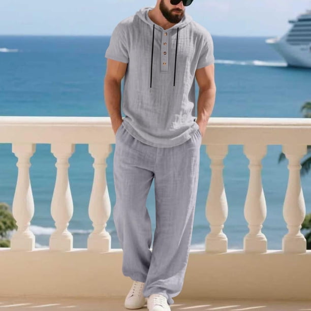 Ceisia Men's Loose Fit Cotton-Linen Like 2-Piece Set Hooded Short Sleeve Shirt with Elastic Waist Wide Leg Pants Gifts