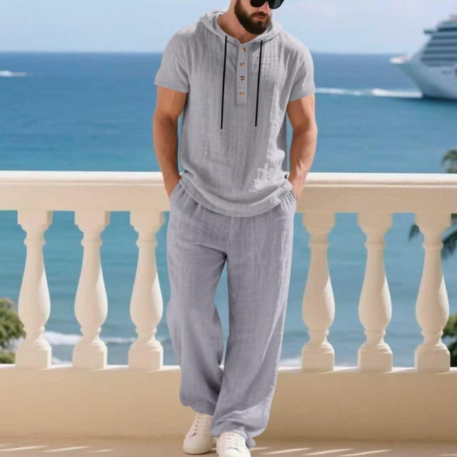 Ceisia Men's Loose Fit Cotton-Linen Like 2-Piece Set Hooded Short Sleeve Shirt with Elastic Waist Wide Leg Pants Gifts