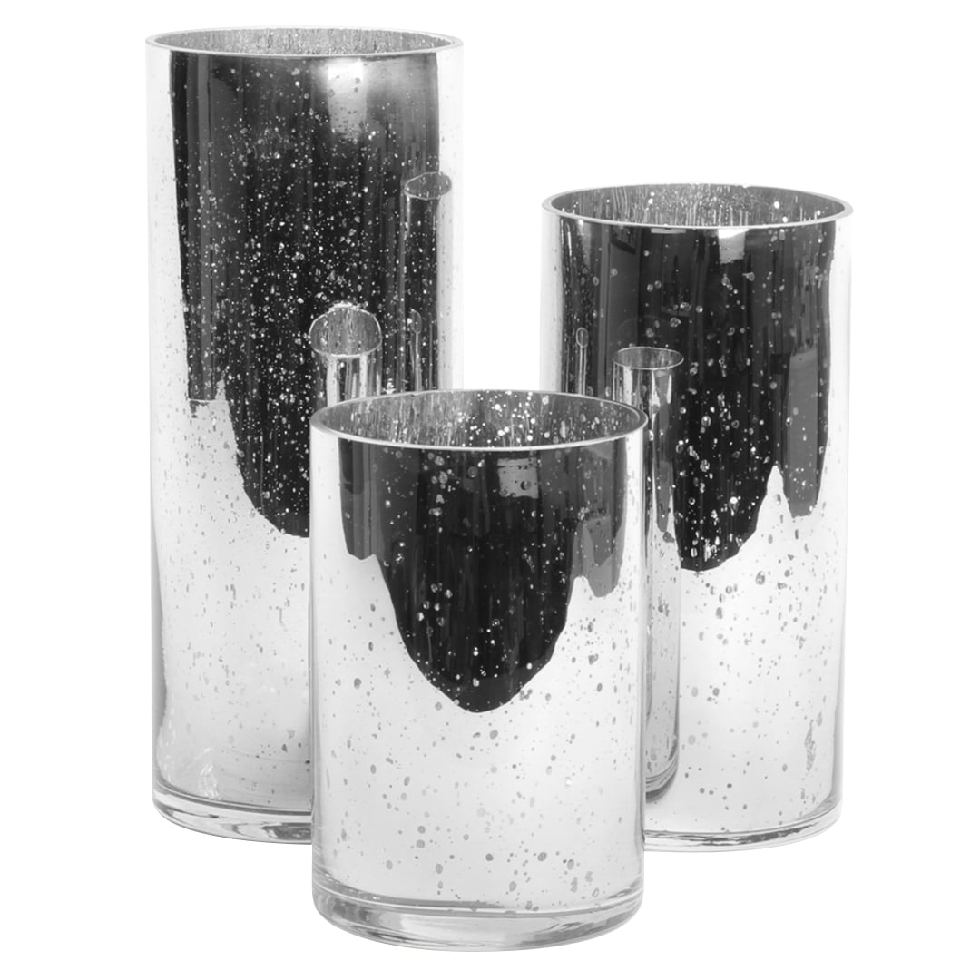 Koyal Wholesale Silver Antique Glass Cylinder Vases Set of 3 for Flowers, Floating Candles