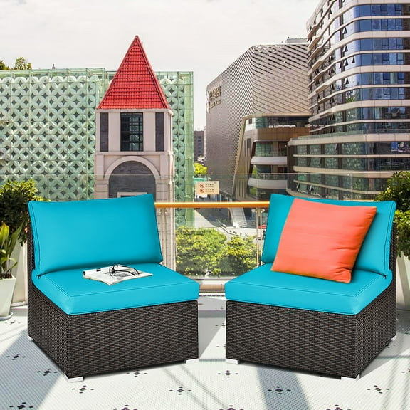 Costway 2PCS Patio Rattan Armless Sofa Sectional Conversation Furniture Set  W/Cushion Turquoise