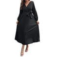 thumbnail image 2 of Sunloudy Vestido casual para mujer, cuello en V, manga larga, color sólido, cintura alta, plisado, vestidos largos con cinturón Sunloudy S M L XL, 2 of 8
