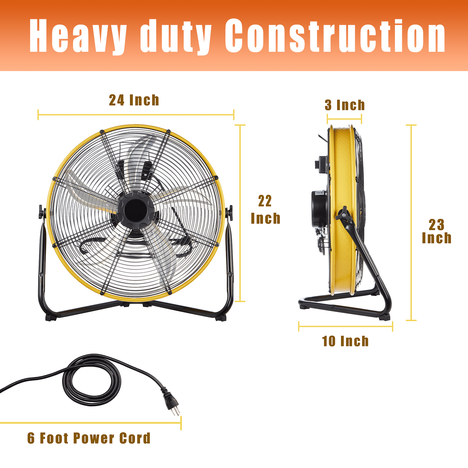 20" High Velocity Industrial Drum Fan, 6300 CFM 3-Speed, 180° Tilting Head, Heavy-Duty Metal Construction with Aluminum Blades, Built-in Cord Storage, for Commercial & Industrial Use