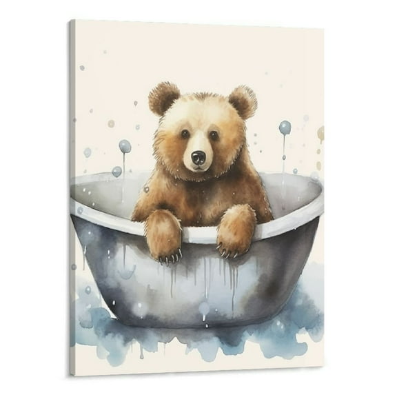 PRATYUS Fall Decor Bear in the Bathtub Canvas Wall Art Picture 16x20in for Living Room Bedroom Print On Canvas 16x20in