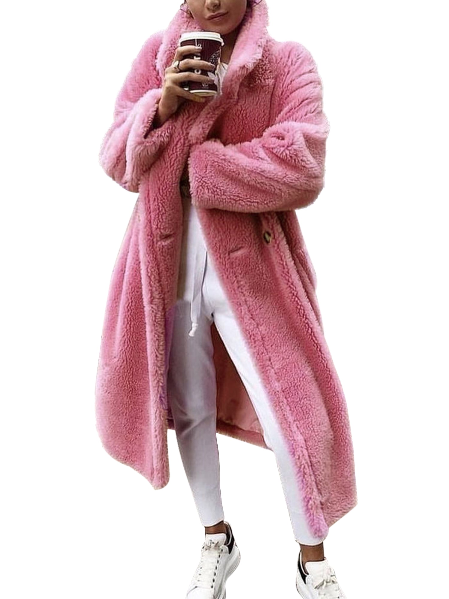 Women Teddy Bear Winter Fleece Faux Fur Fluffy Coat Jacket Jumper Long Outwear M