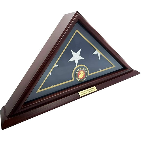 DECOMIL 5x9 Flag Display Case for American Veteran Burial Flag - Solid Wood, Cherry Finish, Small Base - 4 Armed Forces Emblems - Marine - Customize Name Tag