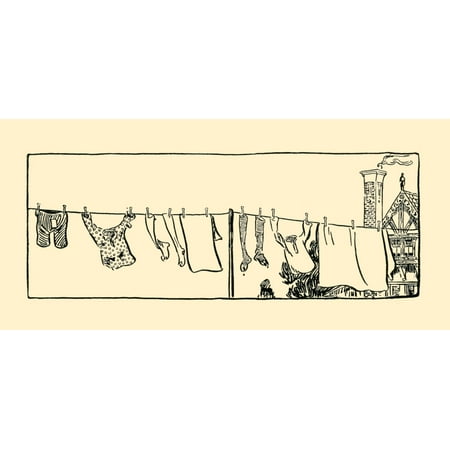 Air drying clothes on a clothesline  Art atop a poem in a childrens book of tales     Art from Rhyme of the Golden Age 1908  Illustrated by George Reiter Brill  George Reiter Brill was one of the