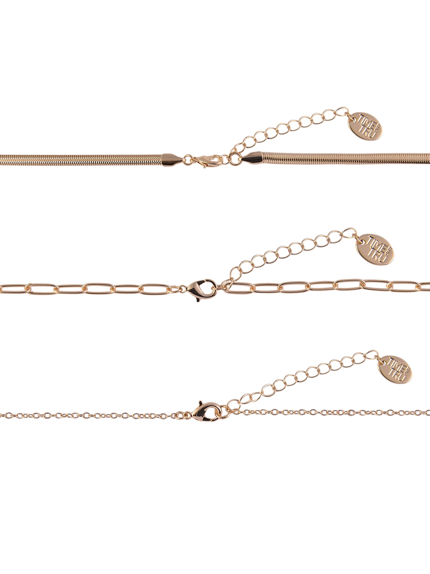 Time and Tru Women's Layered Blue and Brown Beads with Snake and Oval Chain Goldtone 3pc Necklace