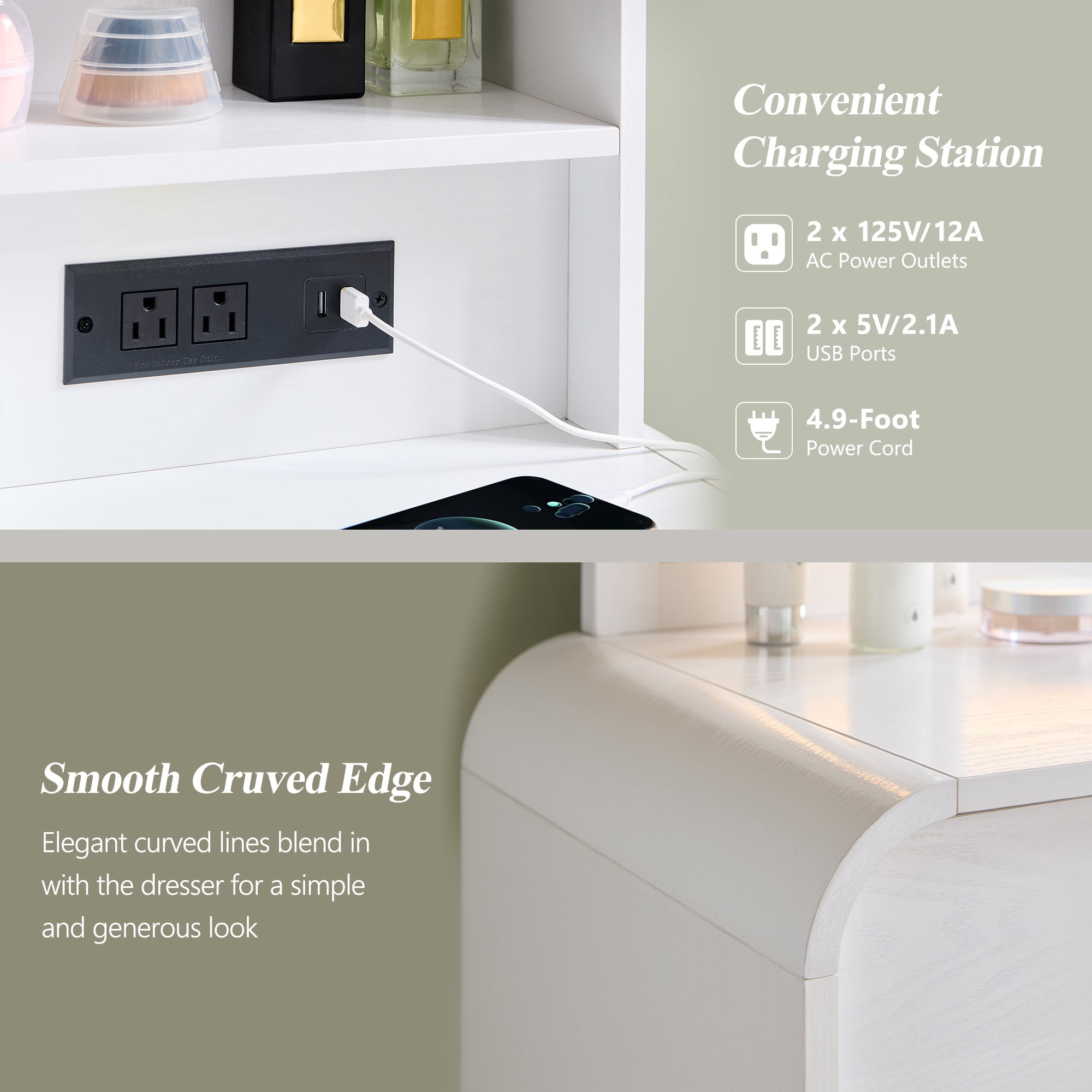 wow97e Modern Vanity Desk with Touch Screen LED Mirror, 55" Big Make Up Table with 5 Drawers , Wood Dressing Tablew/3 Color Available, Charging Station