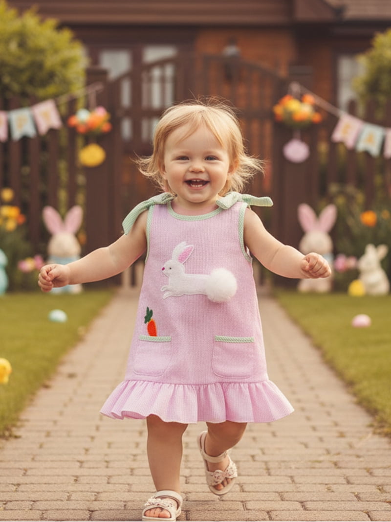 infant pink easter dress HWWANBEI Newborn Infant Baby Girl Easter Dress Sleeveless Bow Bunny Embroidery Stripe Ruffle Dresses With Pocket Summer Clothes 0-3t, Infant Girl's,