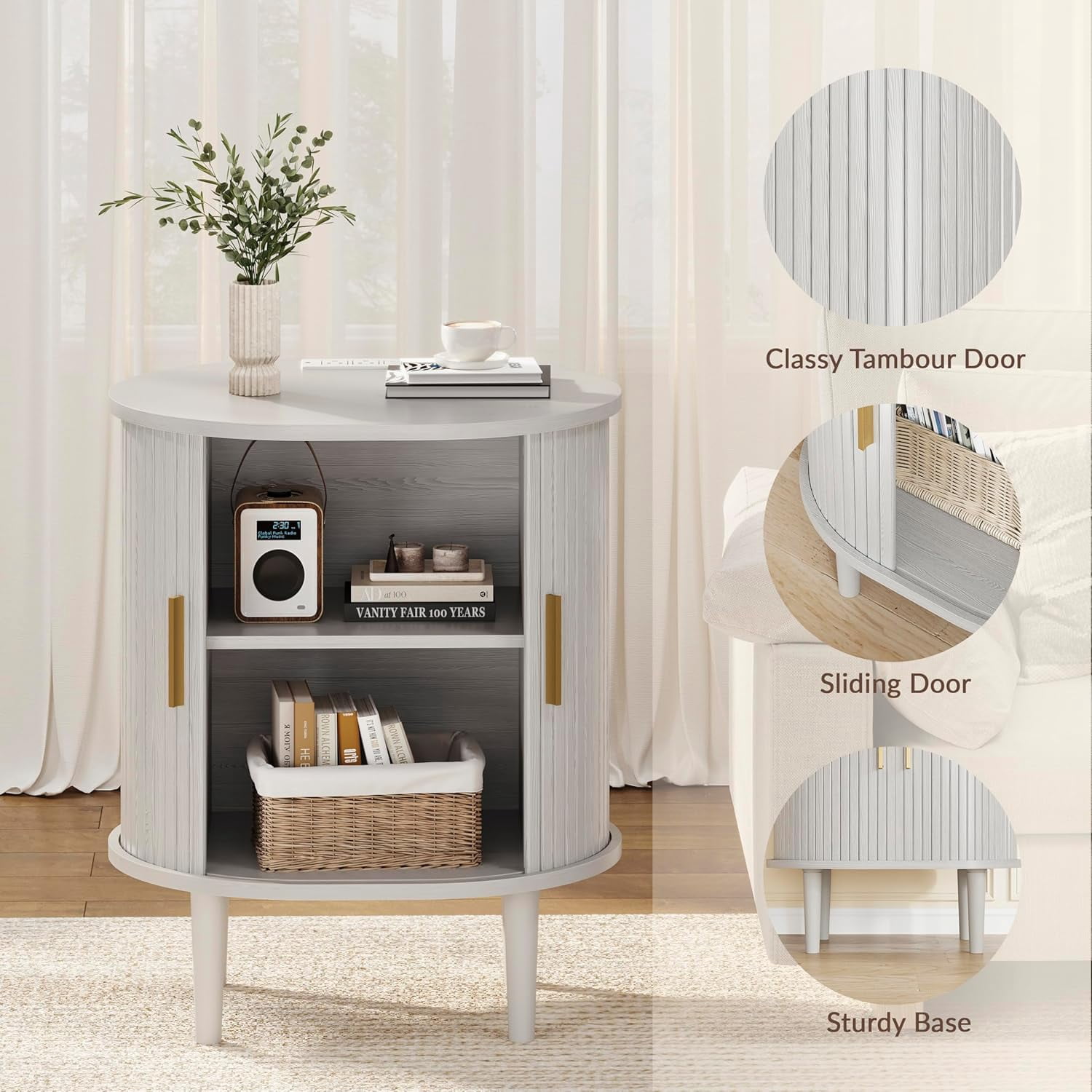 1-Piece Nightstand Set with Charging Station Mid-Century Modern, White Fluted Side Tables with Sliding Door & Adjustable Shelf, Space-Saving End Table for Bedroom, Living Room