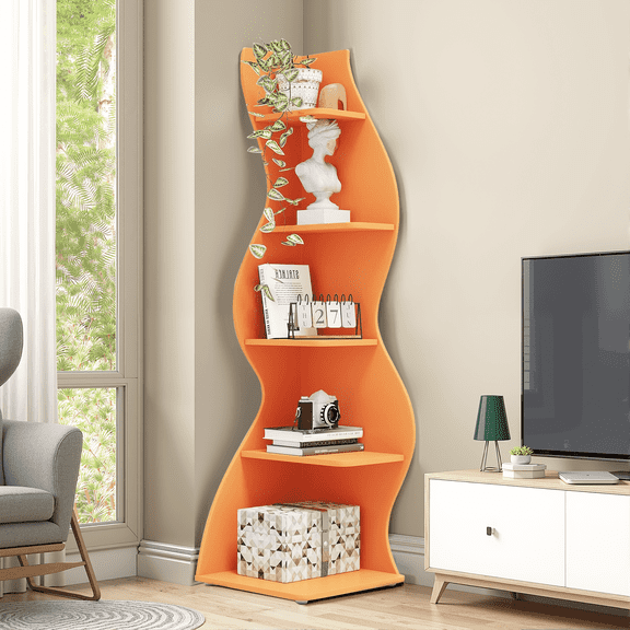MAYEERTY 5-Tier Corner Shelf, Vintage Orange Pattern Storage Rack, Adjustable Height Space-Saving Corner Bookshelf for Home & Office