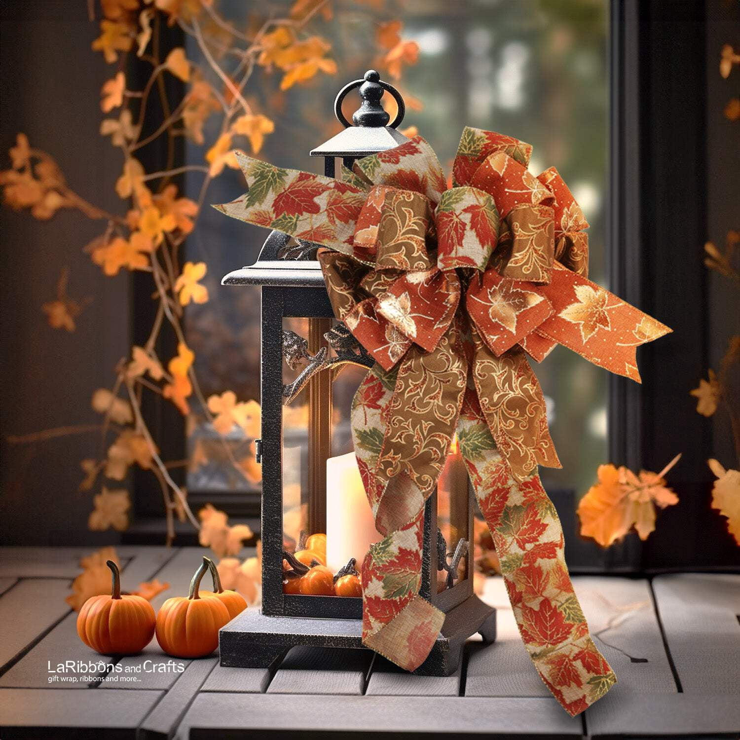 LaRibbons 2 1/2" Wired Ribbon | "Glitter Maple Leaf" Natural/Multi | 10 Yard Roll