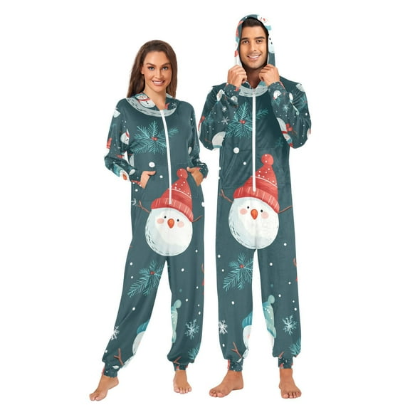 Snowman Christmas Adult Onesie Pajamas Slim Fit Christmas One Piece Suit Pjs for Women and Men Hooded Zipper
