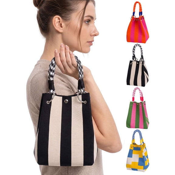 LAVA Mini Knit Tote Women Striped Crochet Bucket Handbag Small Purse Shoulder Bag Vacation Lightweight Beach Bag (Black)
