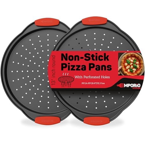 Nonstick Pizza Pan Set with Silicone Handles, Round Carbon Steel Tray 2 Pack 13-Inch with Perforated Holes, Oven & Dishwasher Safe Gray