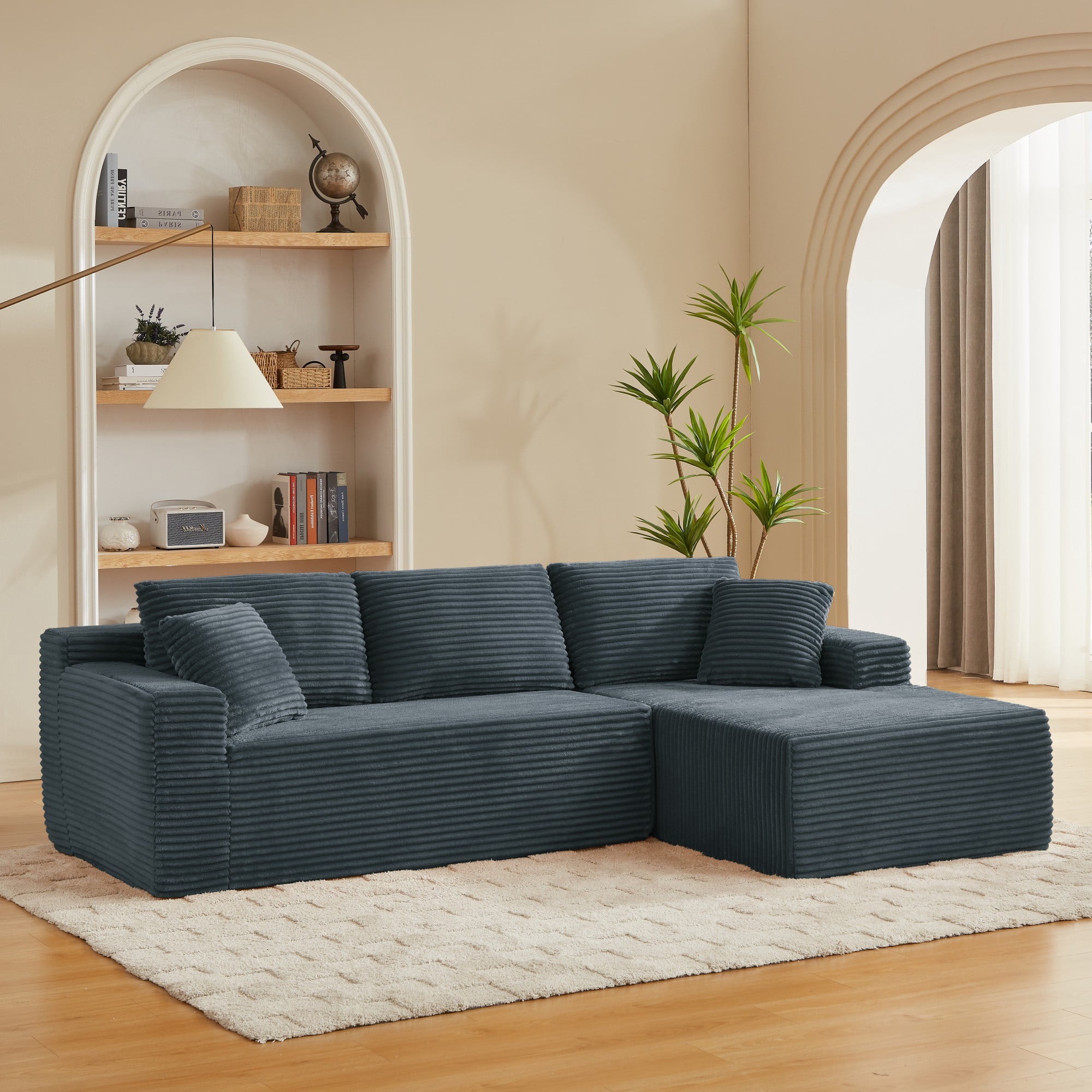 Aukfa 103" Modular Cloud Sectional Sofa, L-Shaped Boneless Couch with Right-Facing Chaise, Deep Seat Corduroy Sleeper Sofa for Living Room, Dark Gray
