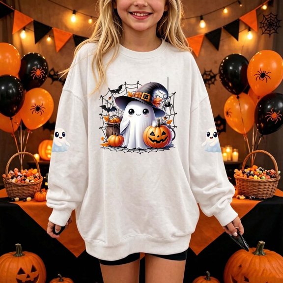 HCBY Kids Halloween Sweatshirt Boys Girls Ghost Pumpkin Crewneck Pullover Trick or Treat Fall School Party 8 Colors Sizes 1-14 Years