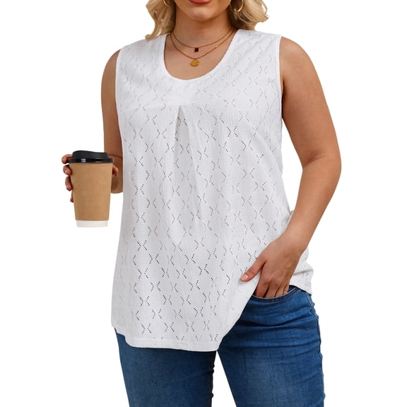 Oryer Womens Tank Top Plus Size, Eyelet Crew Neck Plus Size Tank Tops for Women, Trendy Tunic Flowy Womens Sleeveless Tops Summer Shirts Casual Blouse 1X-5X