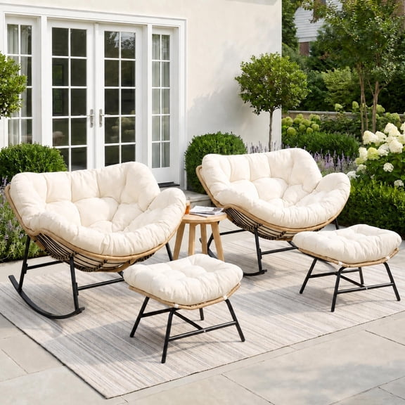 RADIATA Oversized Papasan Rocking Chairs with Ottomans, Set of 2, 5.1" Cushions and 450 lb Heavy-Duty Rattan Patio Lounge Rocker Set for Porch, Garden, Bedroom, Beige