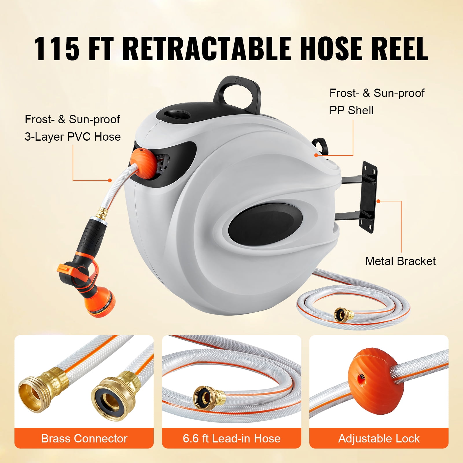 KFFKFF Auto-Retracting Hose Holder, 115ft x 1/2in, 180° Pivoting Wall Bracket, Lawn Water Hose Reel with 9-Setting Spray Nozzle, Adjustable Length Lock, and Gradual Rewind Mechanism