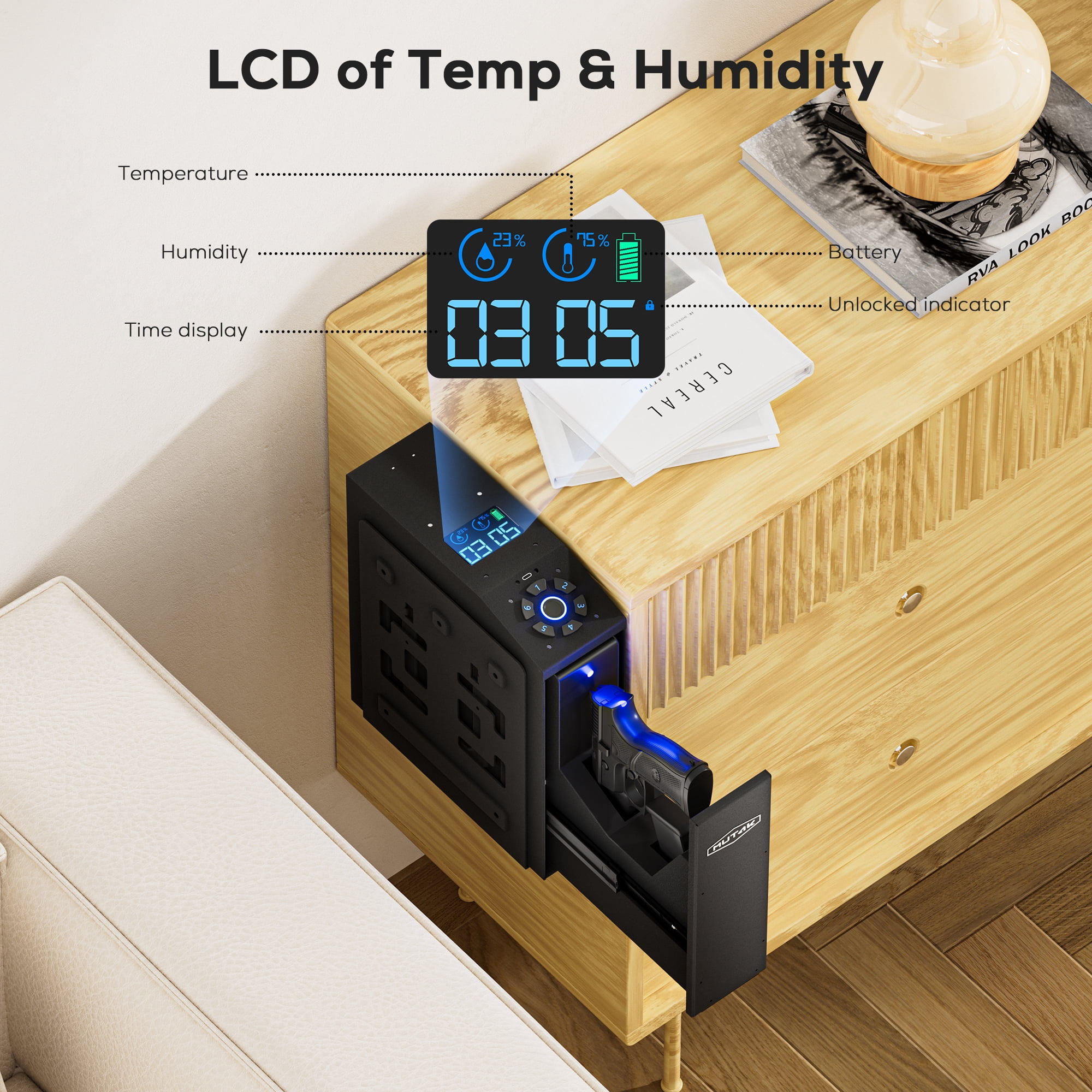 MUTAK Biometric Gun Safe for Handgun with LCD Screen for Nightstand, Desk, Bed Side,Truck - Auto Sliding Door Hand Gun Safe for Pistol with APP/Fingerprint/PIN Code/KEY