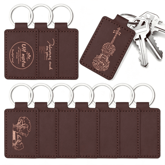 DESIGNICE 10 Pcs Leather Keychain Blanks, Rectangular Pu Leather Key Fob Kit Laser Engraving Blanks Key Chain with Key Ring, Keychains Bulk Leather Keychain for Men, Chocolate