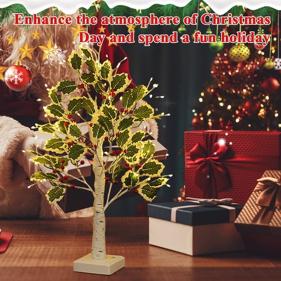 Minibee 24" Lighted Artificial Tree with Green Leaves and Red Berries, LED Birch Tree Lamp for Christmas Indoor Table Decor