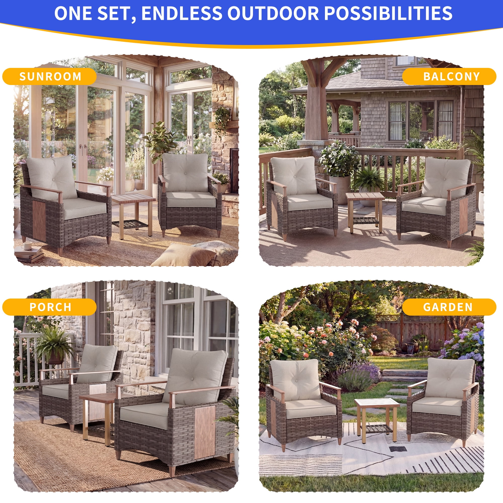 NestNook 3-Piece Outdoor Wicker Patio Furniture Set with Fixed Chairs , Side Table with Cushions for Porch, Balcony, Deck, Backyard
