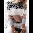 thumbnail image 4 of Suéter de Rayas con Estampado de Leopardo para Mujer, Cuello Redondo, Larga, Tejido, Bloque de Color Rosa S, 4 of 6
