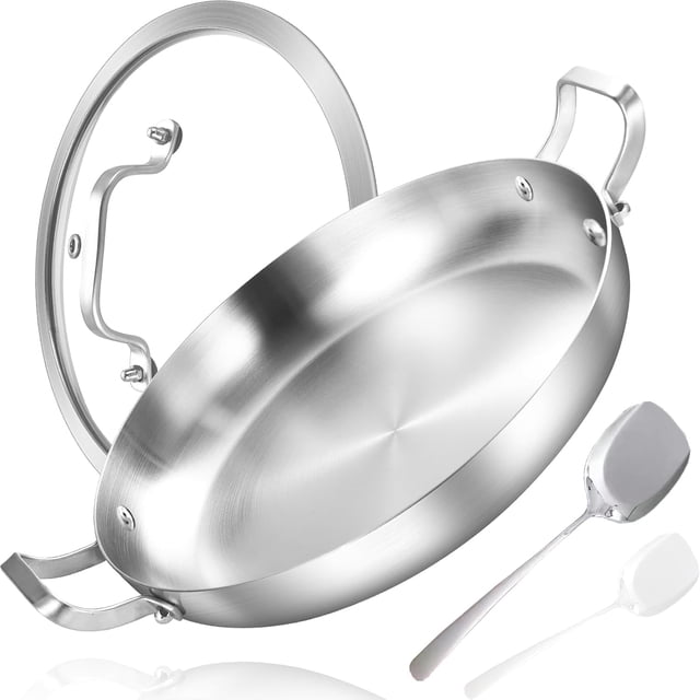 Paella de acero inoxidable de tres capas de 32 pulgadas con tapa, sartén para remover, sartén para tortillas, sartén grande, sartén de inducción y resistente, apto para lavaplatos y horno