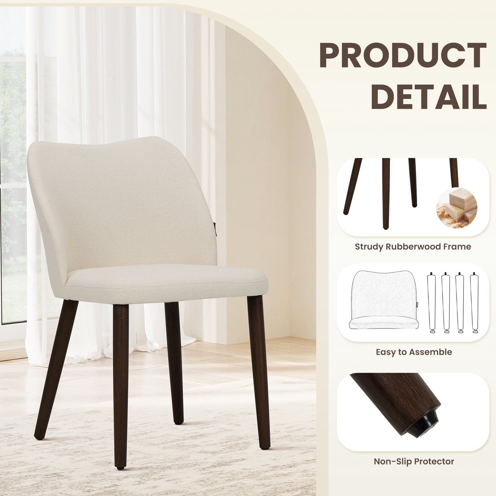 EOP Upholstered Dining Chairs Set of 2, Mid Century Modern Dining Room Chairs, Fabric Farmhouse Dining Side Chairs with Wood Legs, Armless Kitchen Chairs with Wingback, Beige