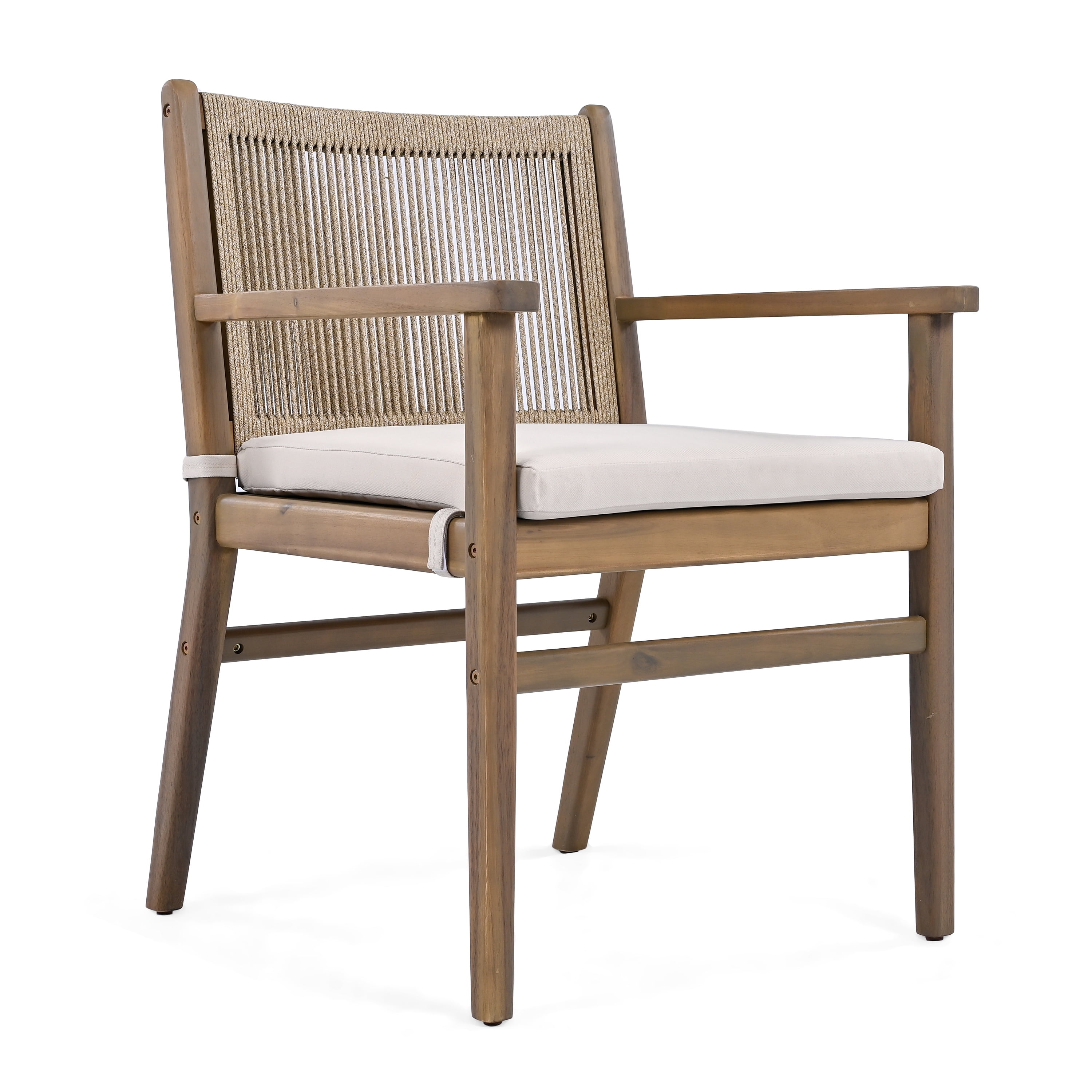Outdoor Dining Chairs Set of 2, Acacia Wood Patio Armchair with Rope Design Back for Garden, Light Brown
