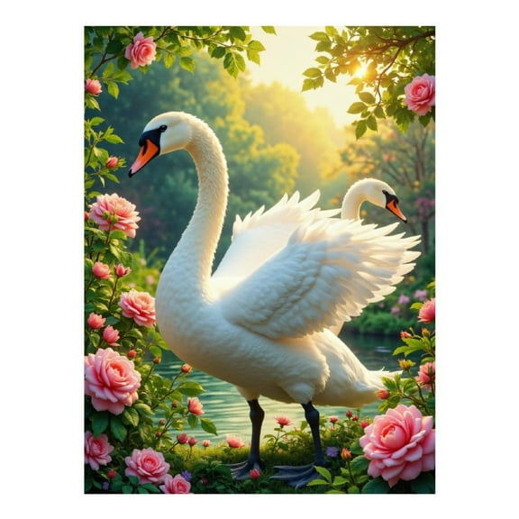 Diamond Art Kits for Adults, Elegant Swans With Pink Roses 5D Diamond Painting Kits for Adults Beginners, DIY Full Drill Diamond Painting, Gem Art and Crafts 12x16