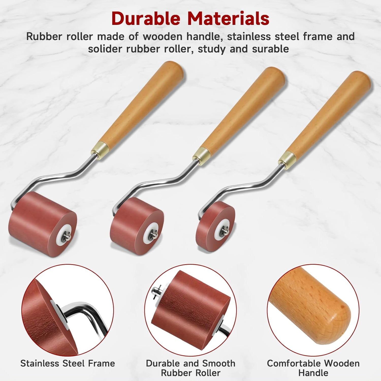 ABPETE 3pcs Rubber Rollers Brayer - Brayer Rollers for Crafting, Ink Roller Set with Comfort Grip for Printmaking, Crafts, and Stamping