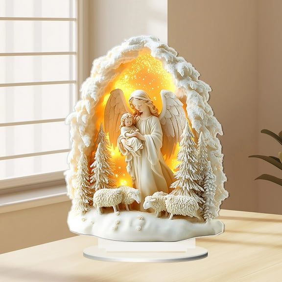 Snowing Angel Holding a Child Desktop Ornament a A - Desktop Ornament - Acrylic Desktop Ornament
