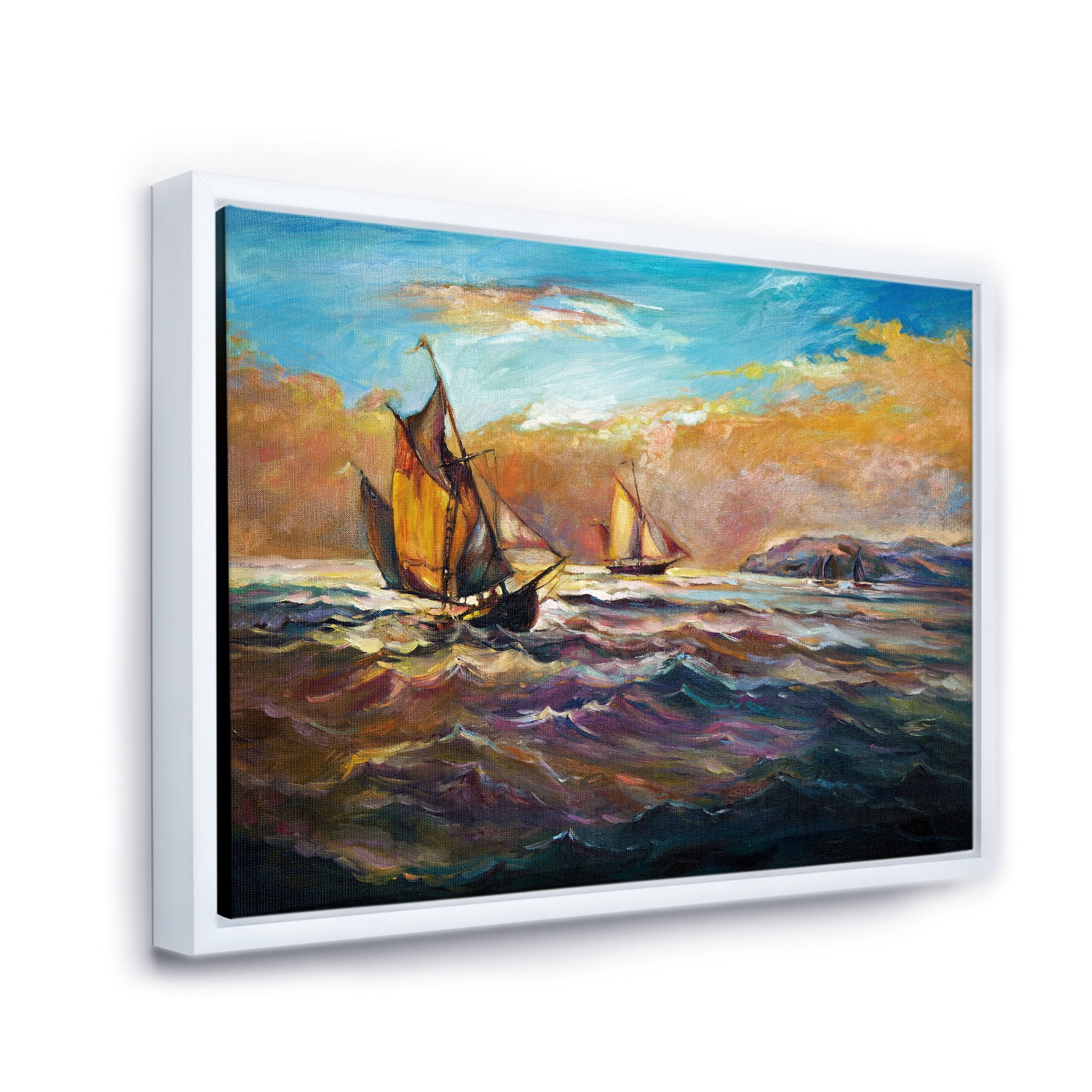 Boats During Evening Sunset In The Ocean II 32 in x 24 in Framed Painting Canvas Art Print, by Designart