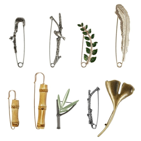 Austok 9Pcs Extra Large Safety Pins 9 Styles Vintage Alloy Brooches Safety Pins Decorative Sweater Shawl Clips Creative Brooches and Pins Clothes Tightener Safety Pins for Hat Scarf Shawl