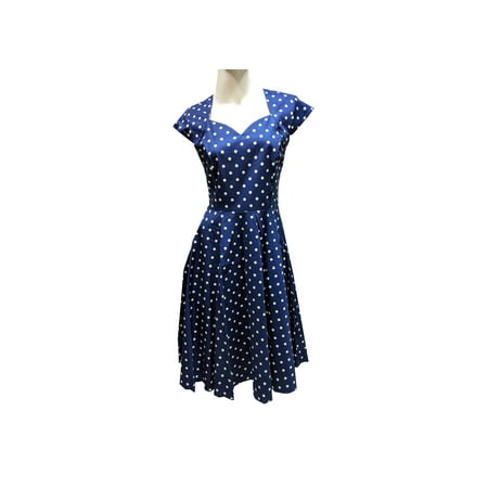 Vintage 50s Audrey Hepburn Style Polka Dots Women's Petite Dress, Navy Blue (L) (Best Dress Style For Petite)