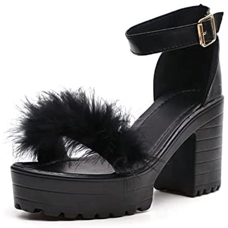 

High Heel Dress Platform Shoes for Women Block Chunky Heel Sandals Ankle Strap Open Toe Faux Fur Sandals
