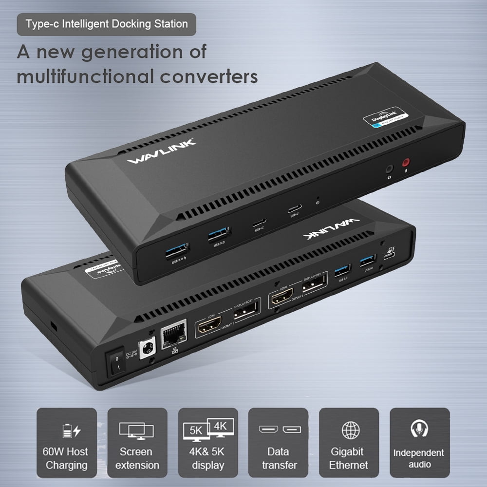 WAVLINK USB C Docking Station Dual 4K Display with 60W Charging/PD forNew MacBook Neo Windows Mac OS, 5K@60Hz/4K@60Hz (HDMI and DP, Gigabit Ethernet, Type C, USB 3.0)